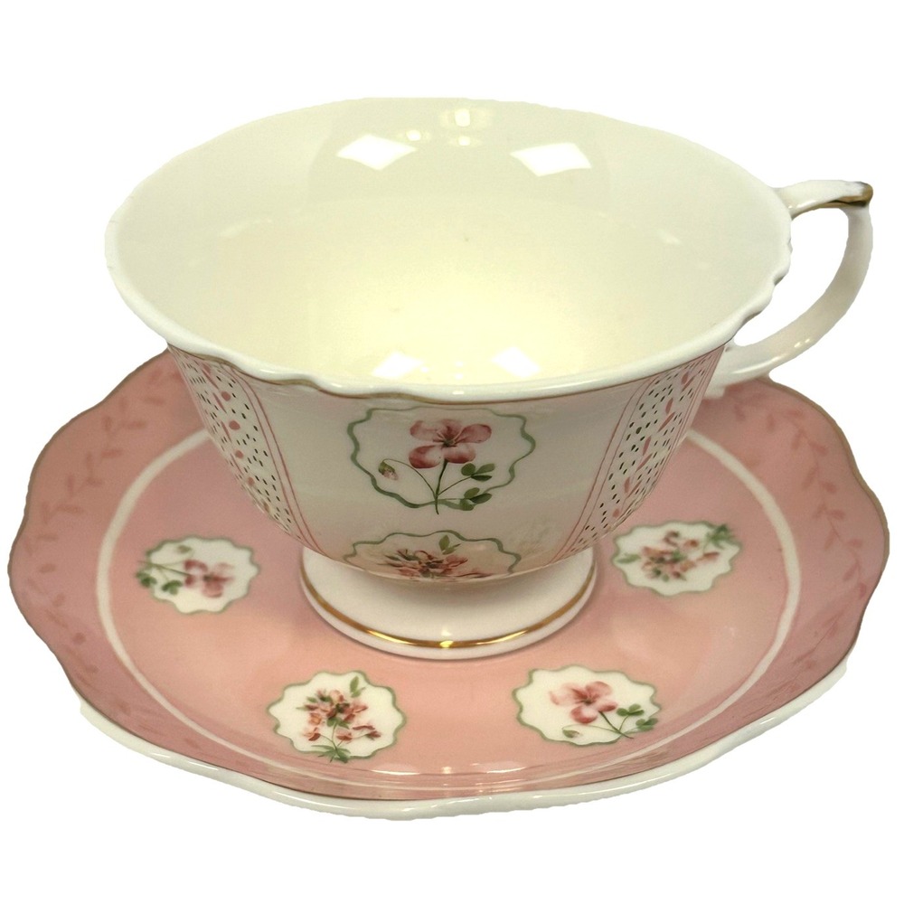 Park Chateau Pink Floral Teacup Saucer Set Scalloped Gold Trim Cottage Tea Cup